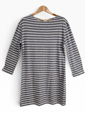 Sail to Sable Navy White Striped Shift Dress Textured Knit 3/4 Sleeve Large L
